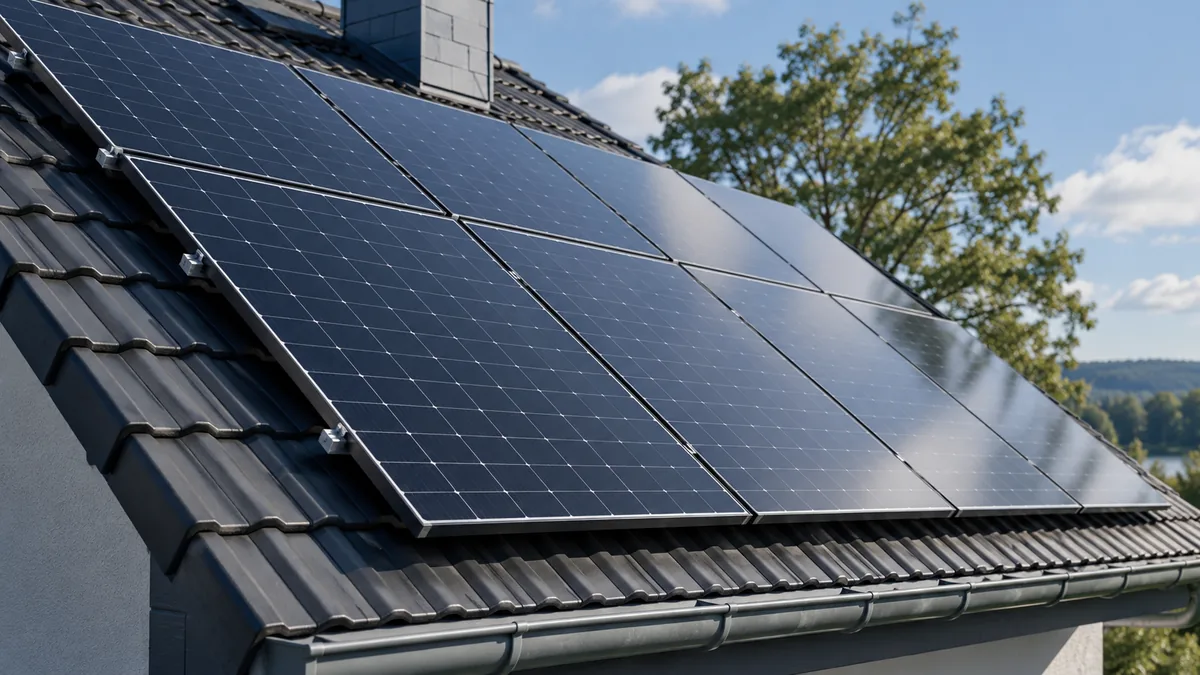 Illustrative Nahaufnahme von Photovoltaik-Modulen auf einem Schrägdach mit Montageschienen