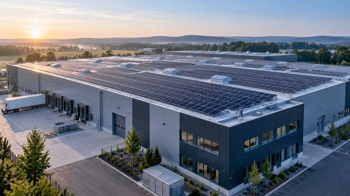 Illustrative Industriehalle mit großflächiger Photovoltaik-Anlage auf dem Flachdach