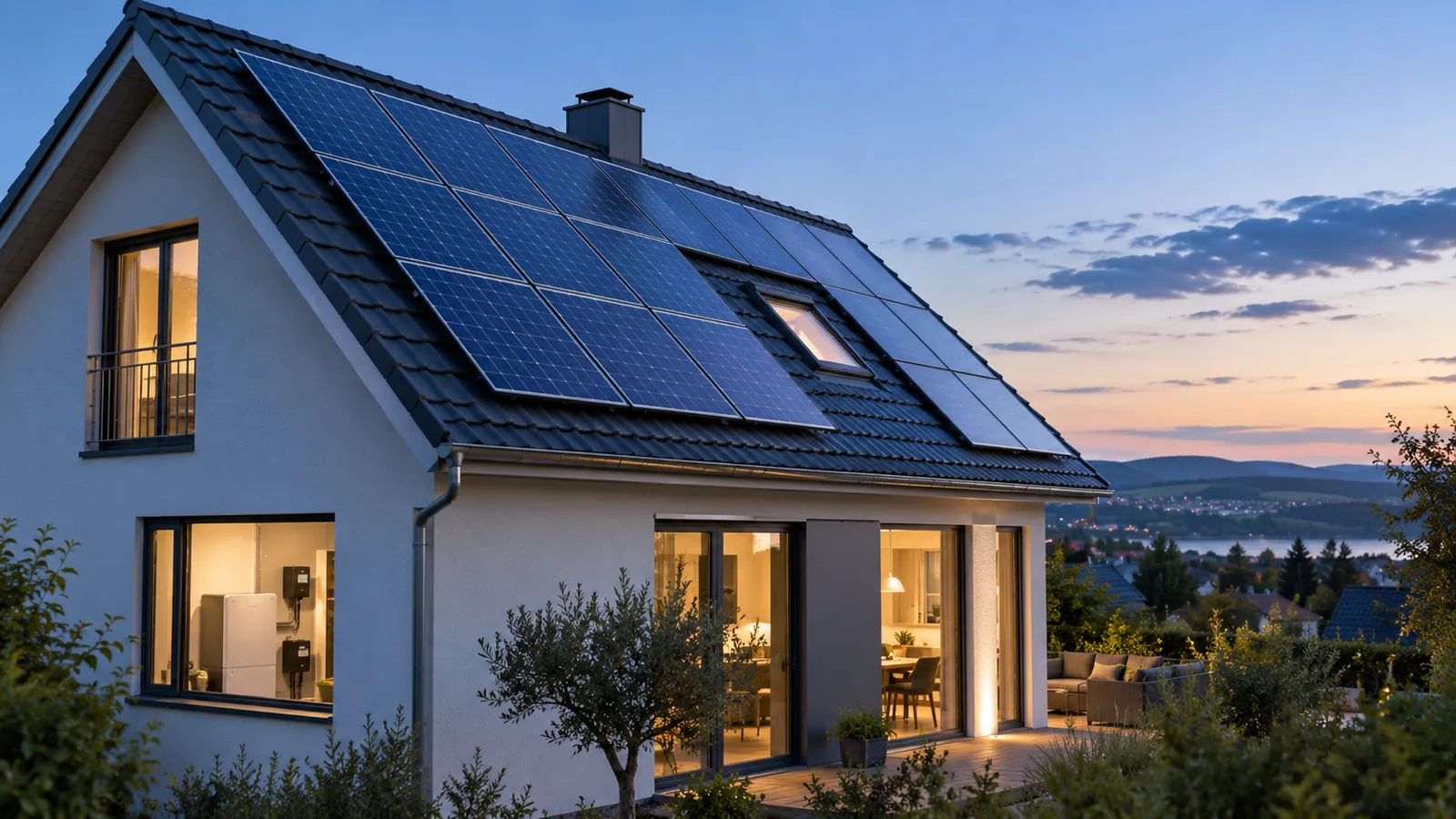 Illustratives Wohnhaus mit Photovoltaik-Modulen auf dem Dach