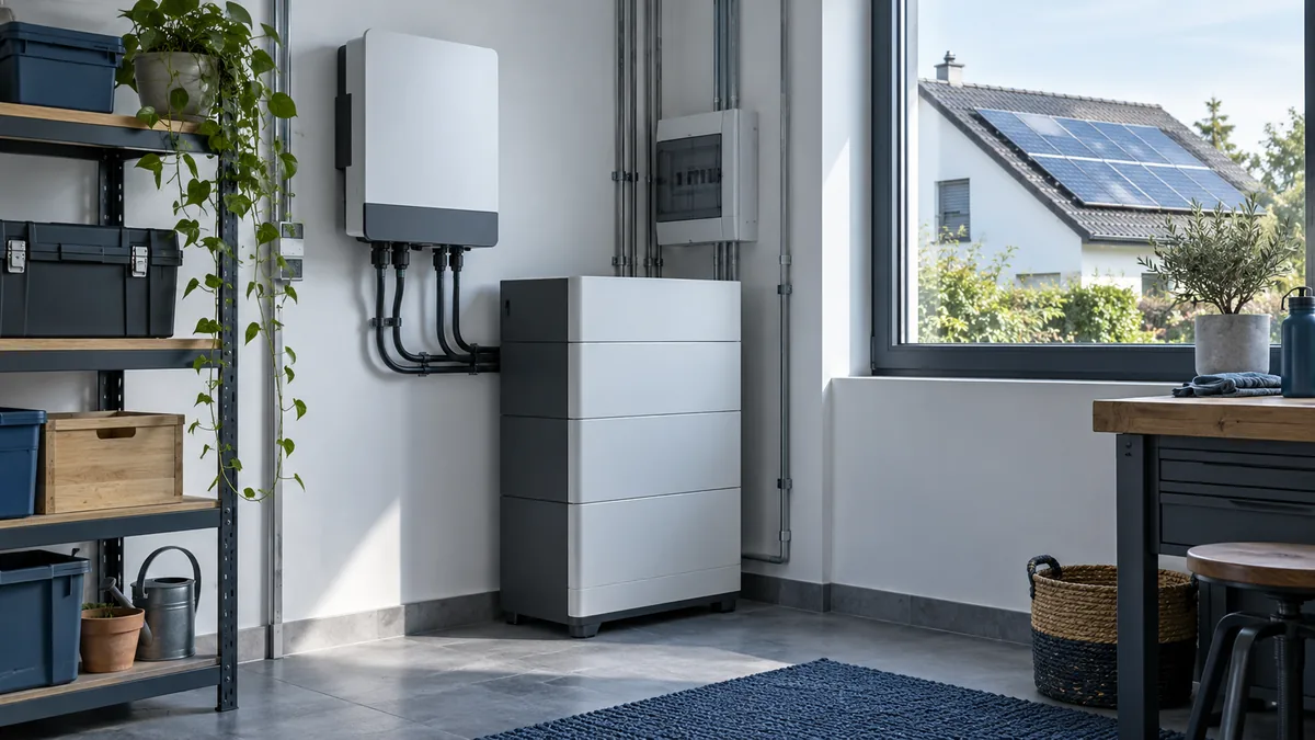 Illustrativer Hauswirtschaftsraum mit Photovoltaik-Wechselrichter und Batteriespeicher