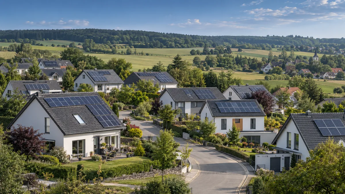 Illustrative Wohnsiedlung mit mehreren Photovoltaik-Dächern in einer ländlichen Region