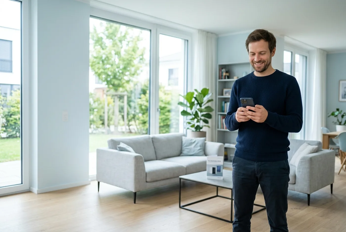Hauseigentümer prüft sein Projekt am Smartphone im hellen Wohnraum (photorealistisches Creative)