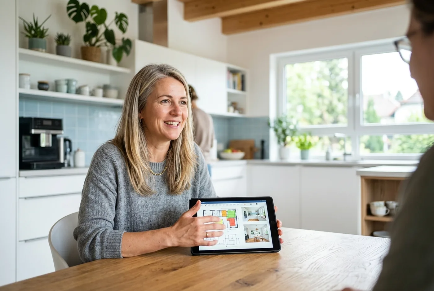 Interessentin beschreibt ihr Vorhaben am Tablet am Küchentisch (photorealistisches Creative)