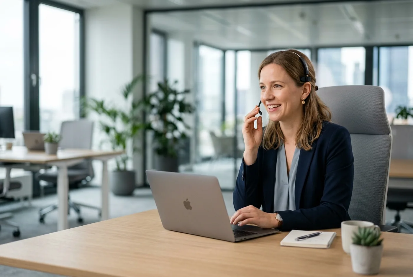 Kundenberaterin im hellen Büro im Telefongespräch (photorealistisches Creative)