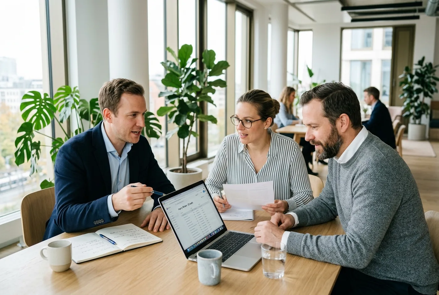 Vertriebsteam prüft gemeinsam die Qualität eingegangener Anfragen (photorealistisches Creative)
