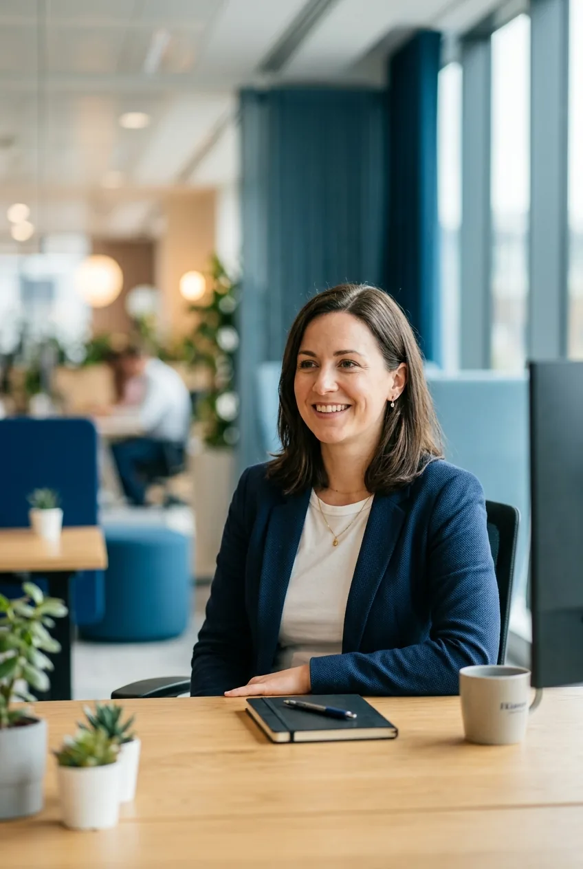 Symbolbild: freundliche Ansprechperson in einem hellen, modernen Büro