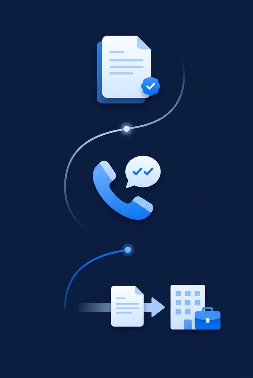 Illustration des Ablaufs: eingehende Anfrage, telefonische Vorqualifizierung und abgestimmte Übergabe an den passenden Vertrieb