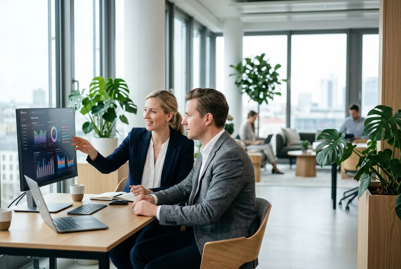 Zwei Geschäftspartner arbeiten gemeinsam an einer Auswertung